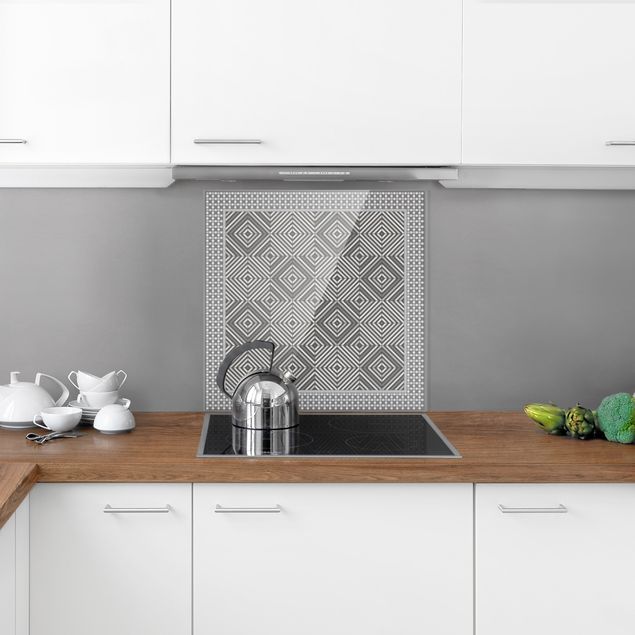 Panel antisalpicaduras cocina patrones Geometrical Tiles Vortex Grey With Mosaic Frame