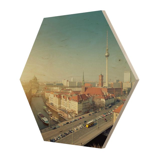 Hexagon Bild Holz - Berlin am Morgen