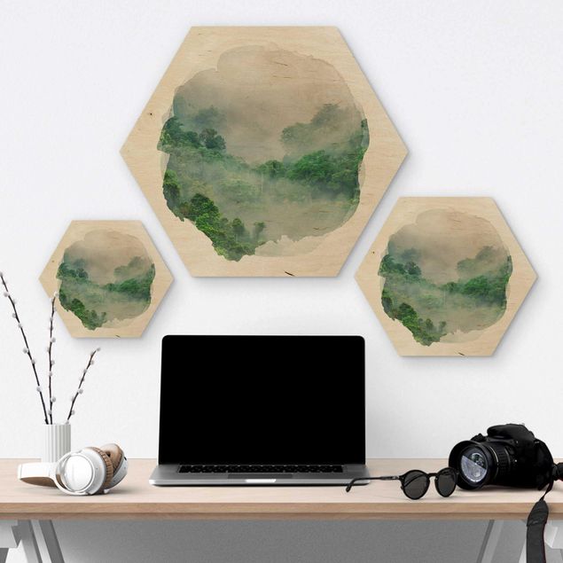 Hexagon Bild Holz - Wasserfarben - Dschungel im Nebel