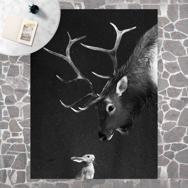 alfombra de terraza Illustration Deer And Rabbit Black And White Drawing