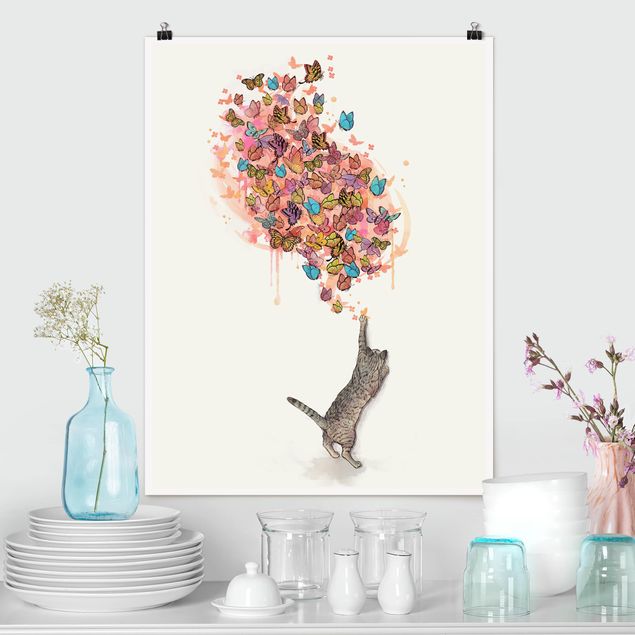 Cuadros de gatos modernos Illustration Cat With Colourful Butterflies Painting