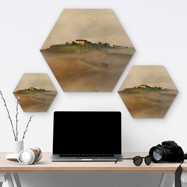 Hexagon Bild Holz - Morgennebel in der Toskana