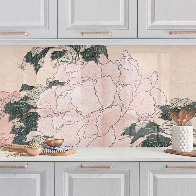 Decoración en la cocina Katsushika Hokusai - Pink Peonies With Butterfly