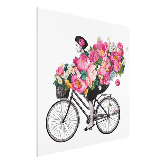 Cuadros de plantas naturales Illustration Woman On Bicycle Collage Colourful Flowers