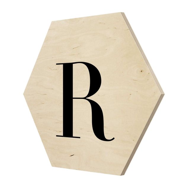Hexagon Bild Holz - Buchstabe Serif Weiß R