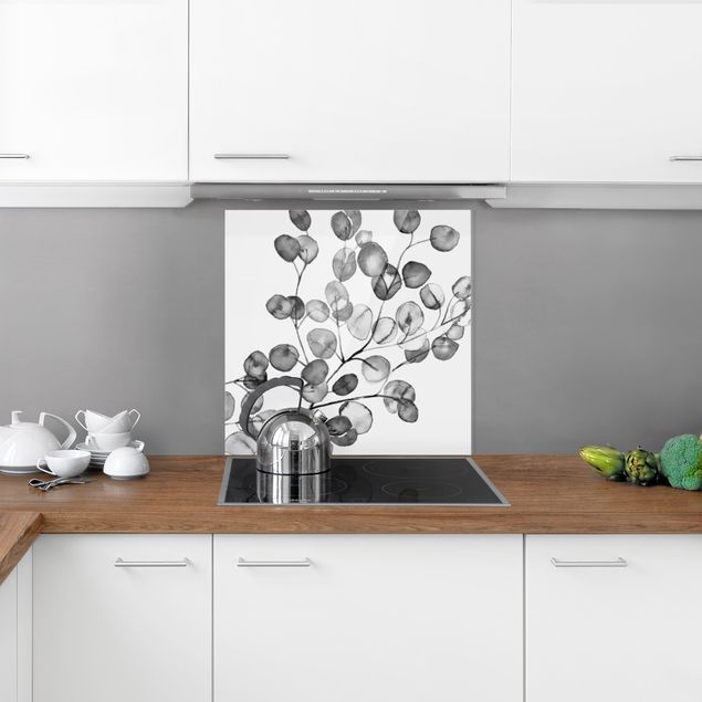 Panel antisalpicaduras cocina flores Black And White Eucalyptus Twig Watercolour