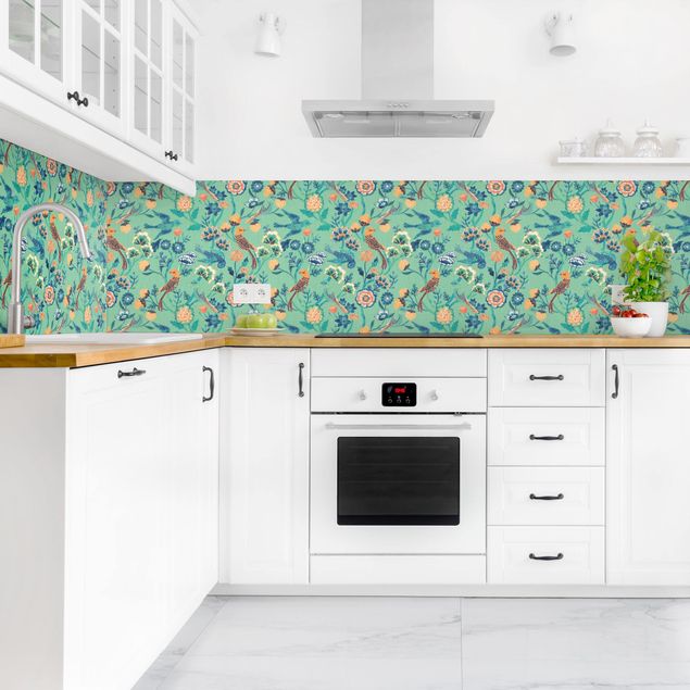 Salpicaderos cocina arquitectura y skyline Indian Pattern Birds with Flowers Turquoise