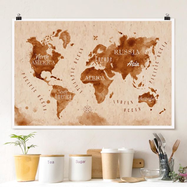 Lámina mapamundi World Map Watercolour Beige Brown
