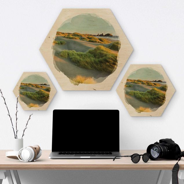 Hexagon Bild Holz - Wasserfarben - Dünen und Gräser am Meer
