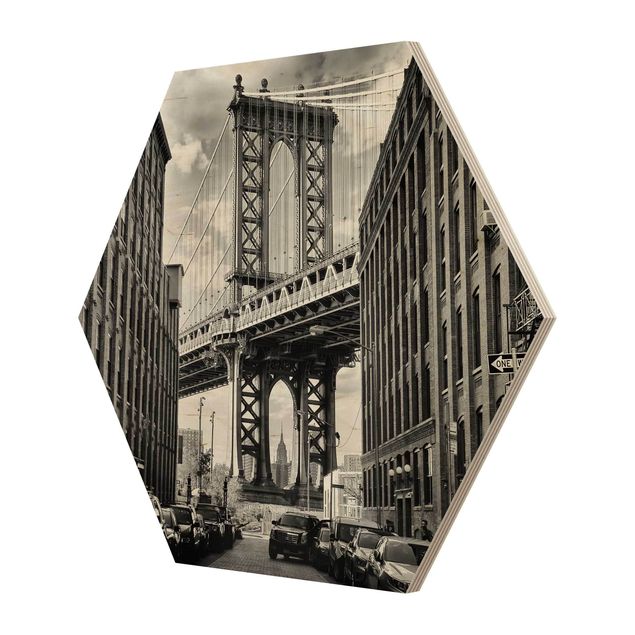 Hexagon Bild Holz - Manhattan Bridge in America