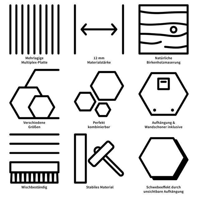 Hexagon Bild Holz 6-teilig - Grüne Blätter Geometrie Set II