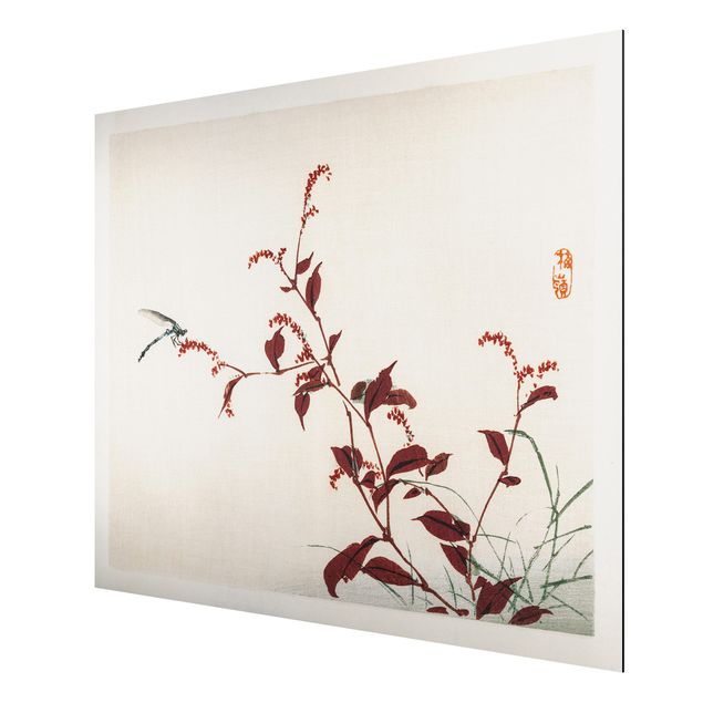 Cuadros de flores Asian Vintage Drawing Red Branch With Dragonfly