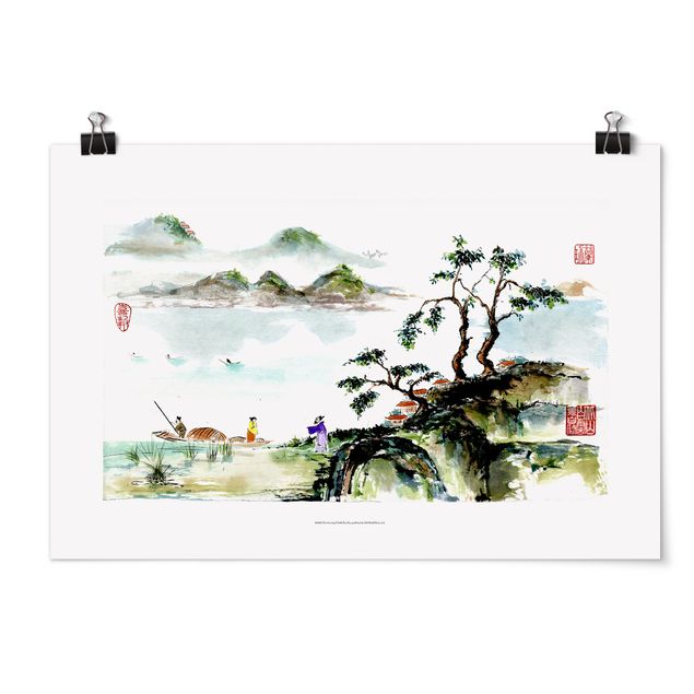 Póster de paisajes Japanese Watercolour Drawing Lake And Mountains