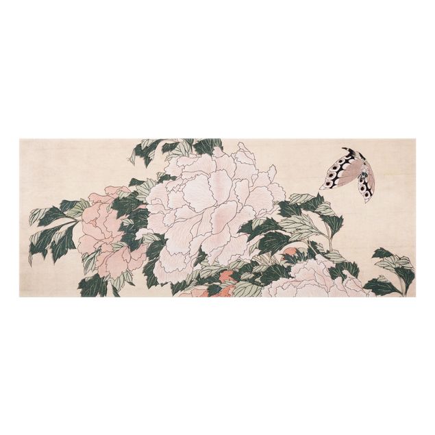 Panel antisalpicaduras cocina flores Katsushika Hokusai - Pink Peonies With Butterfly