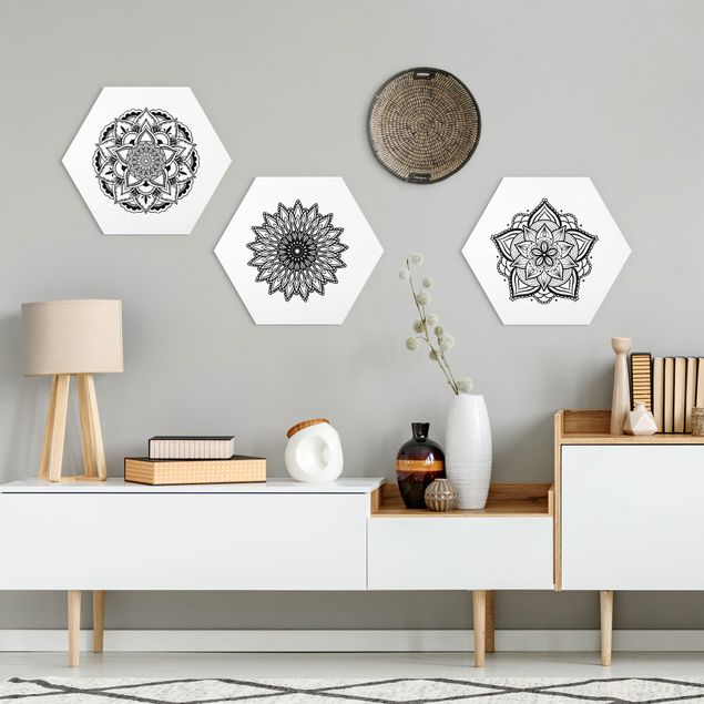 Cuadros de mandalas para dormitorios Mandala Flower Sun Illustration Set Black And White