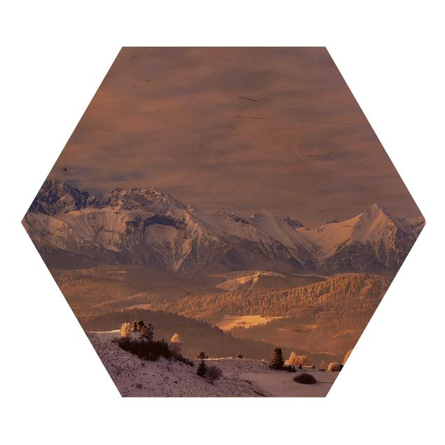 Hexagon Bild Holz - Hohe Tatra am Morgen