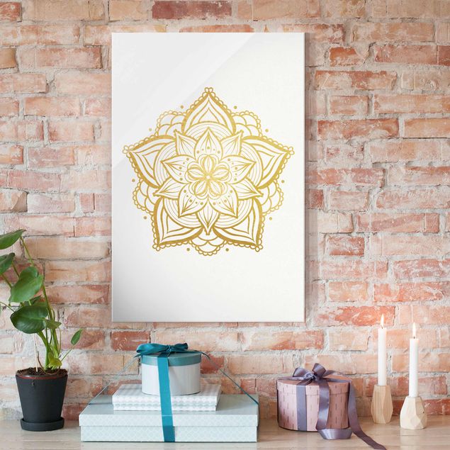 Cuadros de cristal espirituales Mandala Flower Illustration White Gold