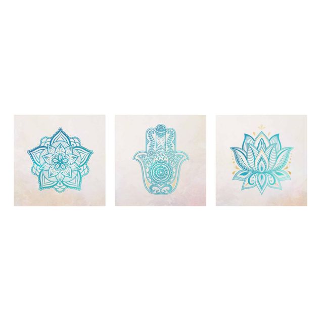 Cuadros de patrones Mandala Hamsa Hand Lotus Set Gold Blue