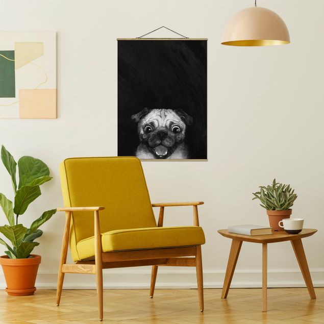 Cuadros perros Illustration Dog Pug Painting On Black And White