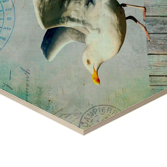 Cuadros hexagonales Vintage Collage - Seagull On Wooden Planks