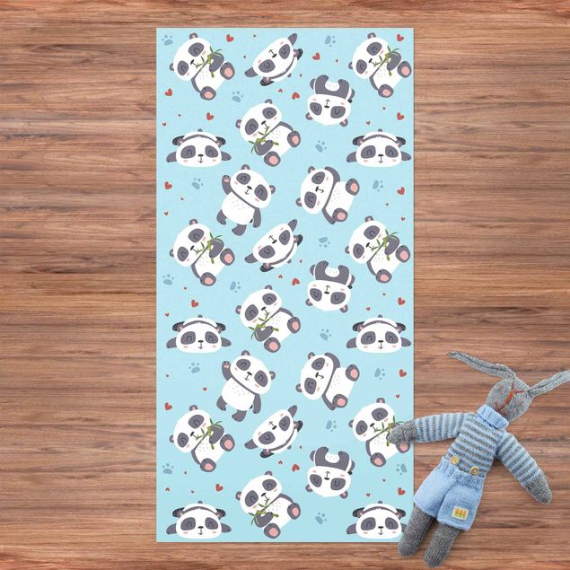 alfombra de terraza Cute Panda With Paw Prints And Hearts Pastel Blue