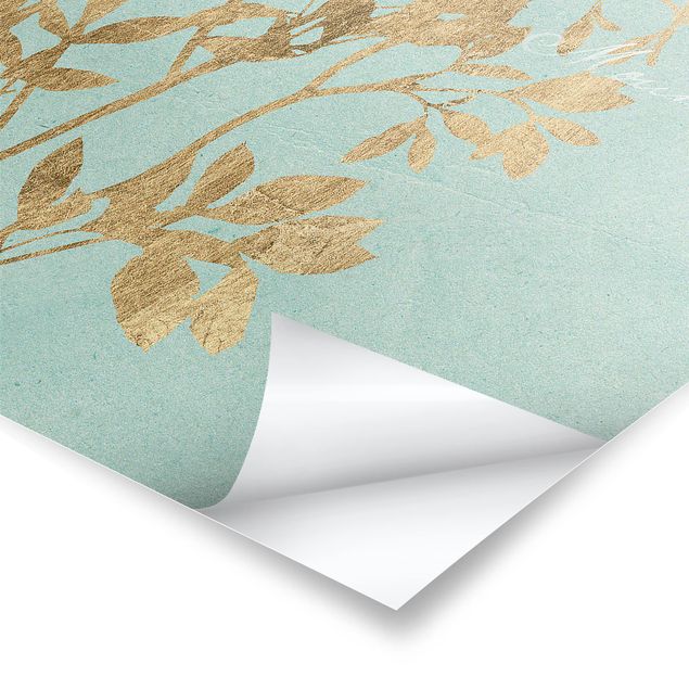 Pósters Golden Leaves On Turquoise I