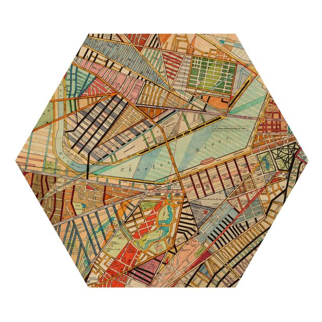 Hexagon Bild Holz - Moderne Karte von Boston