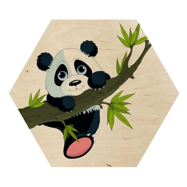 Hexagon Bild Holz - Kletternder Panda