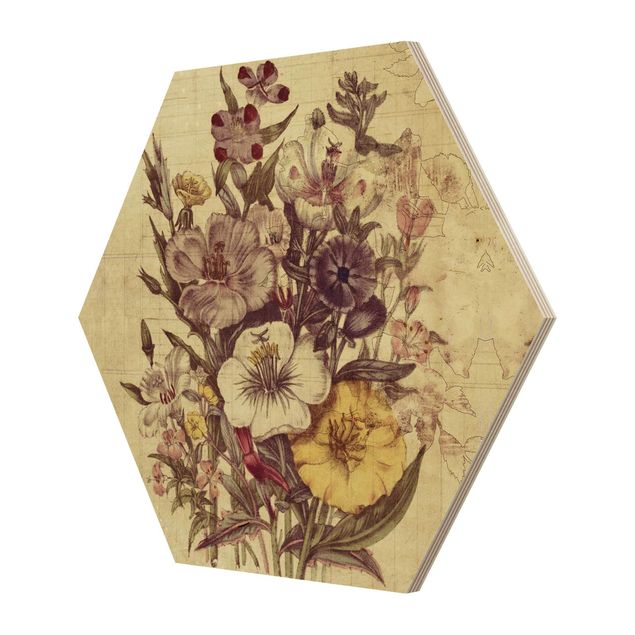 Hexagon Bild Holz - Vintage Letter Blumenstrauss