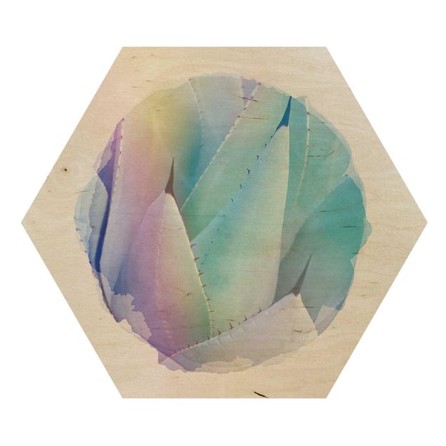 Hexagon Bild Holz - Wasserfarben - Agavenblätter