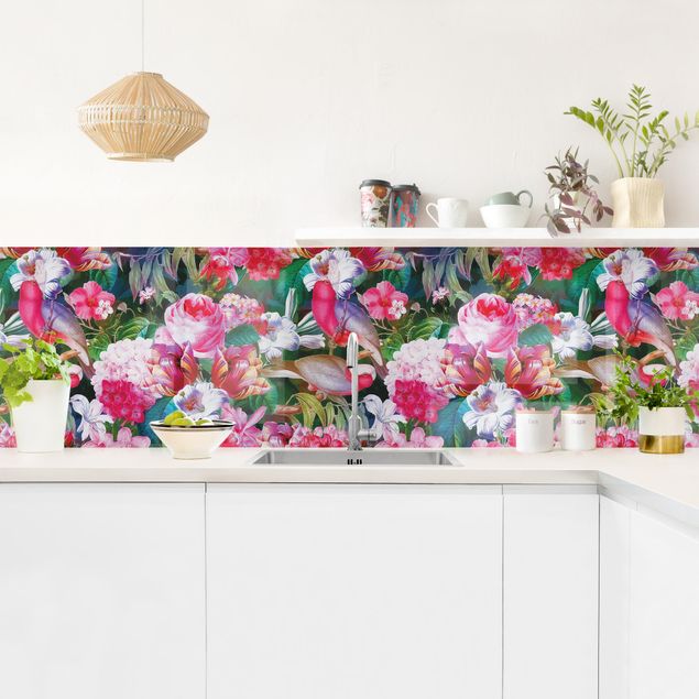 Salpicadero cocina adhesivo flores Colourful Tropical Flowers With Birds Pink