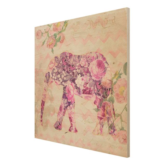 cuadros de madera vintage Vintage Collage - Pink Flowers Elephant
