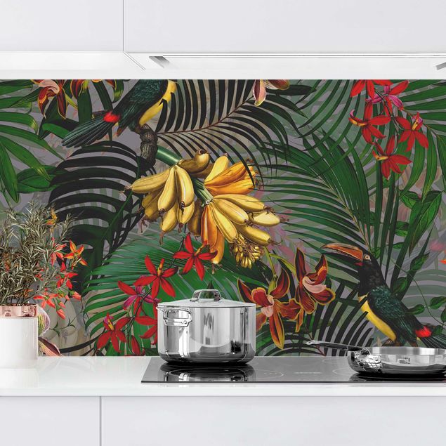 Decoración de cocinas Tropical Ferns With Tucan Green