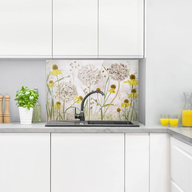 Panel antisalpicaduras cocina flores Allium And Helenium Illustration