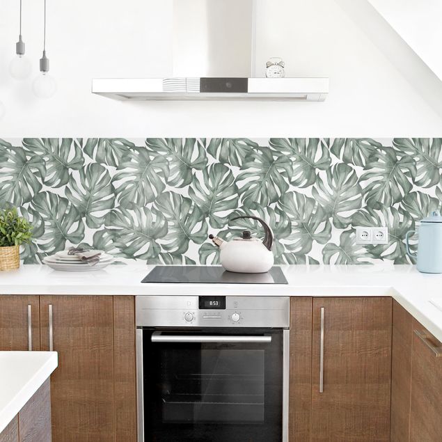 revestimiento pared cocina Watercolour Monstera Leaves In Green