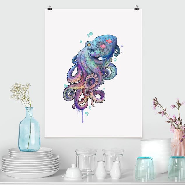 Decoración de cocinas Illustration Octopus Violet Turquoise Painting