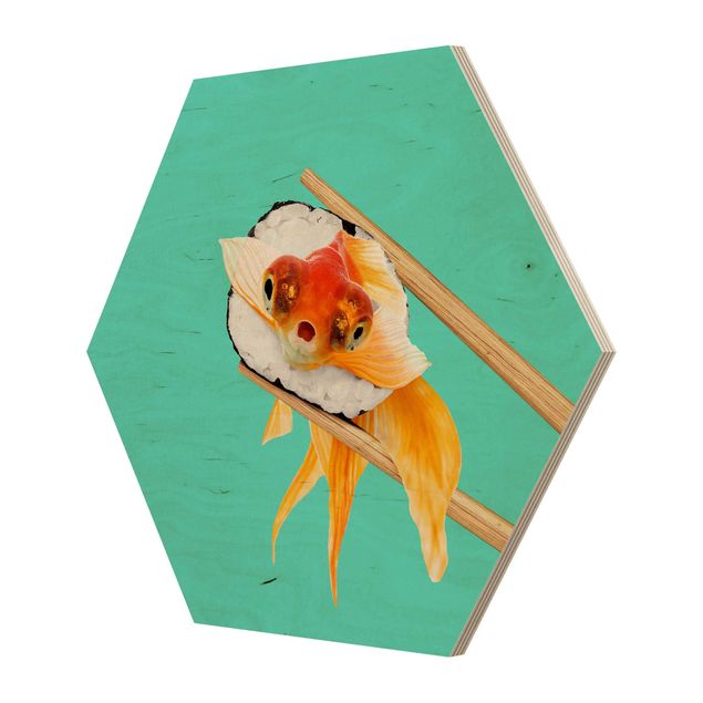 Hexagon Bild Holz - Jonas Loose - Sushi mit Goldfisch