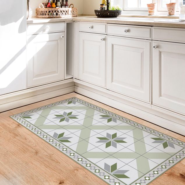 Alfombra pasillo Geometrical Tiles Rhombic Flower Olive Green With narrow Border