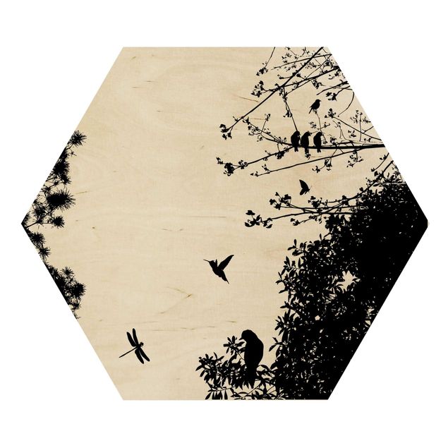 Hexagon Bild Holz - Vintage Tree with Birds