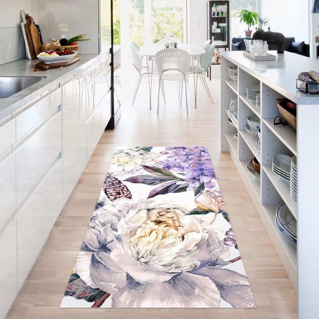 Alfombra pasillo Delicate Watercolour Boho Flowers And Feathers Pattern
