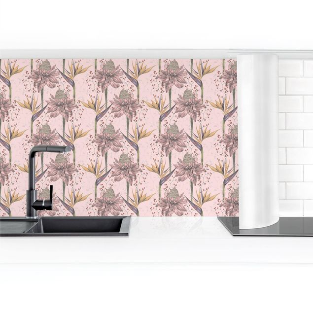 Salpicadero cocina adhesivo - Floral Elegance Vintage Strelitzia On Pink Backdrop XXL