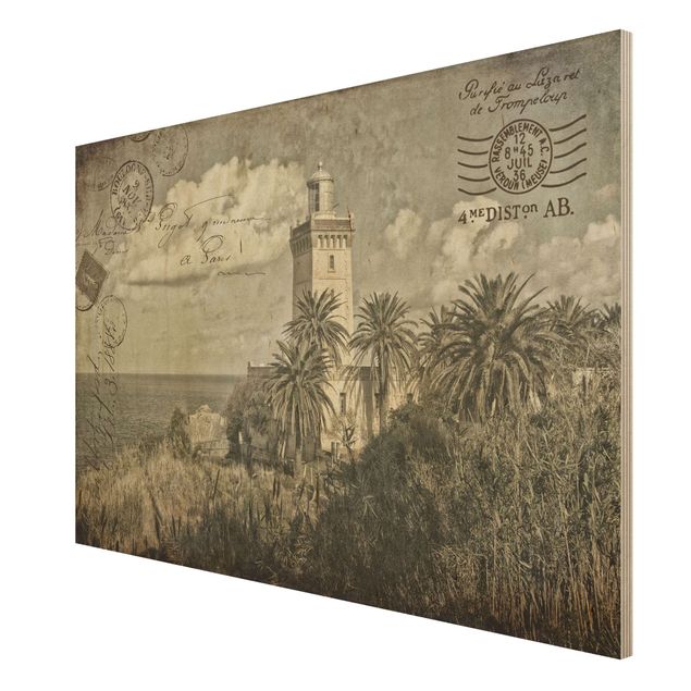 Cuadros de madera playas Vintage Postcard With Lighthouse And Palm Trees