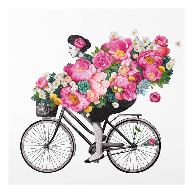 Decoración en la cocina Illustration Woman On Bicycle Collage Colourful Flowers