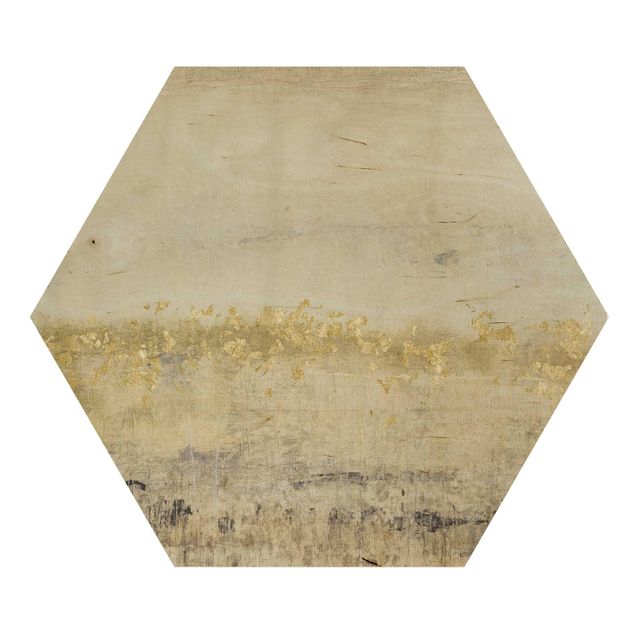 Hexagon Bild Holz - Goldene Farbfelder II