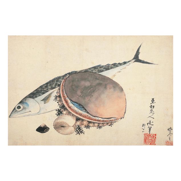 ola de hokusai cuadro Katsushika Hokusai - Mackerel And Sea Shells