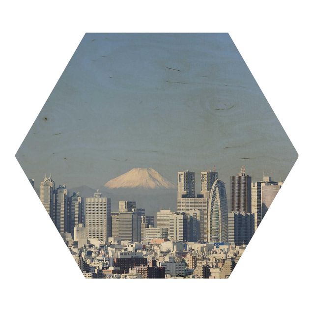 Hexagon Bild Holz - Tokio vor dem Fuji