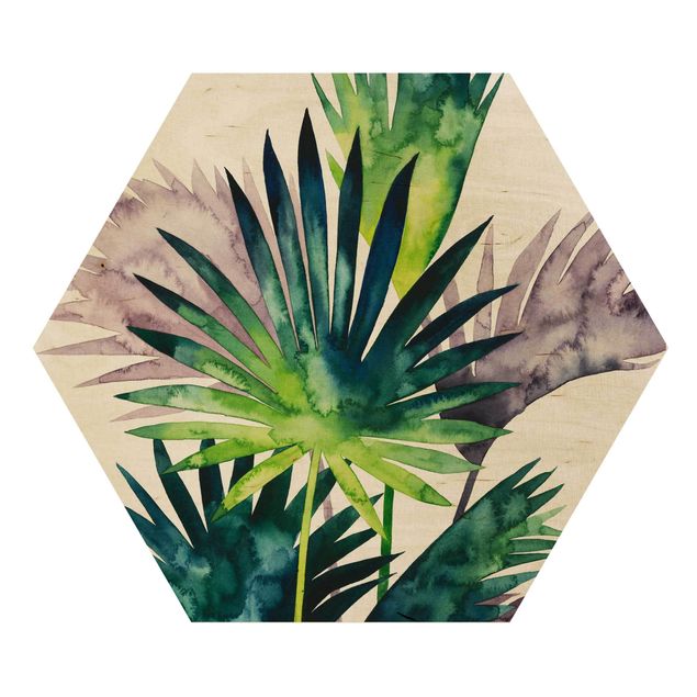 Hexagon Bild Holz - Exotisches Blattwerk - Fächerpalme