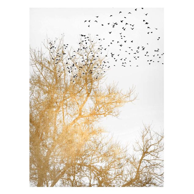 Cuadros de árboles para salón Flock Of Birds In Front Of Golden Tree