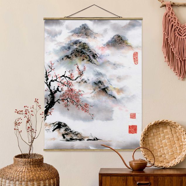 Decoración en la cocina Japanese Watercolour Drawing Cherry Tree And Mountains