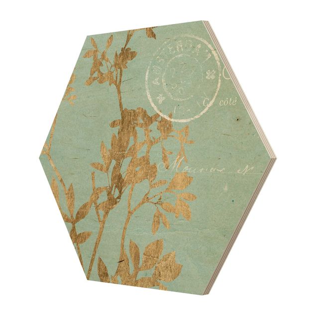 cuadros hexagonales Golden Leaves On Turquoise I